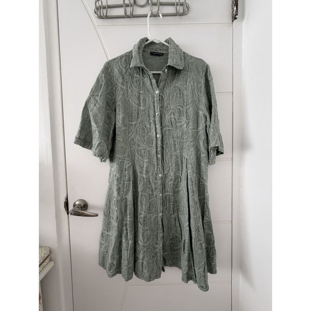 FRANCESCA BETTINI Sage Green 100% Linen Embroidered Shirt Dress L Made In Italy